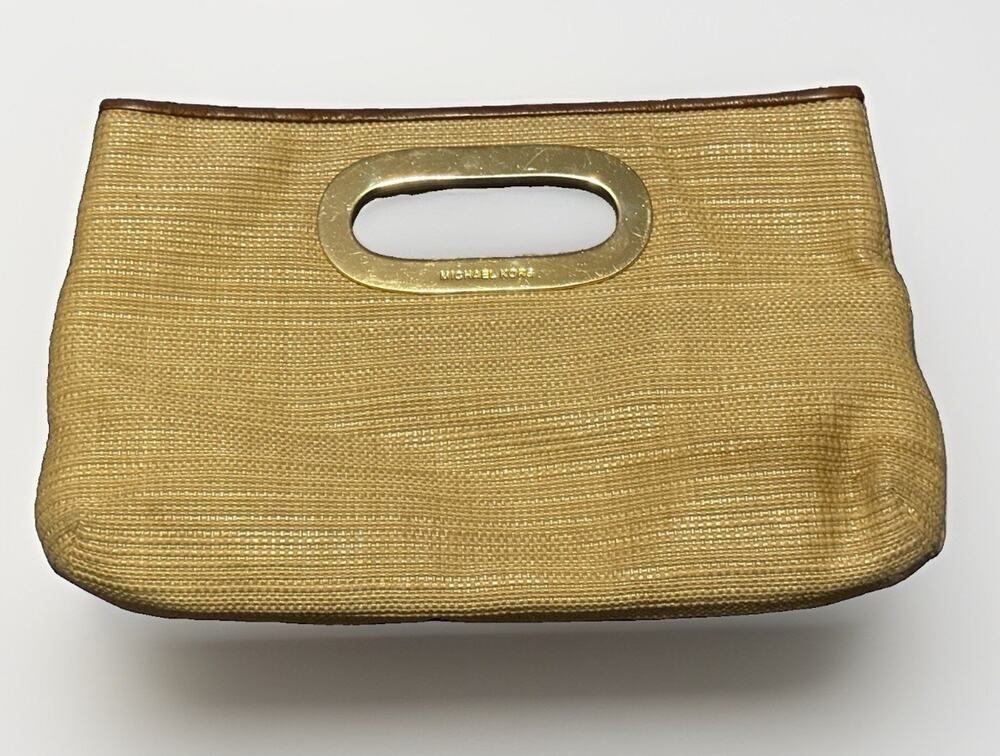 Michael Kors Berkley Beige Straw Clutch With Gold Tone Handle